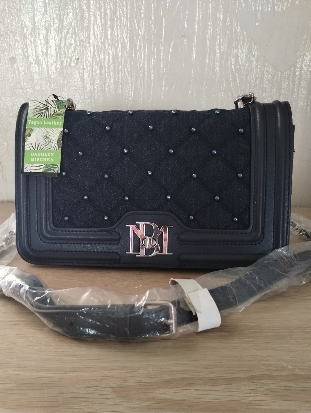 Badgley Mischka Denim Diamond Quilted Crossbody With Pearl Accents